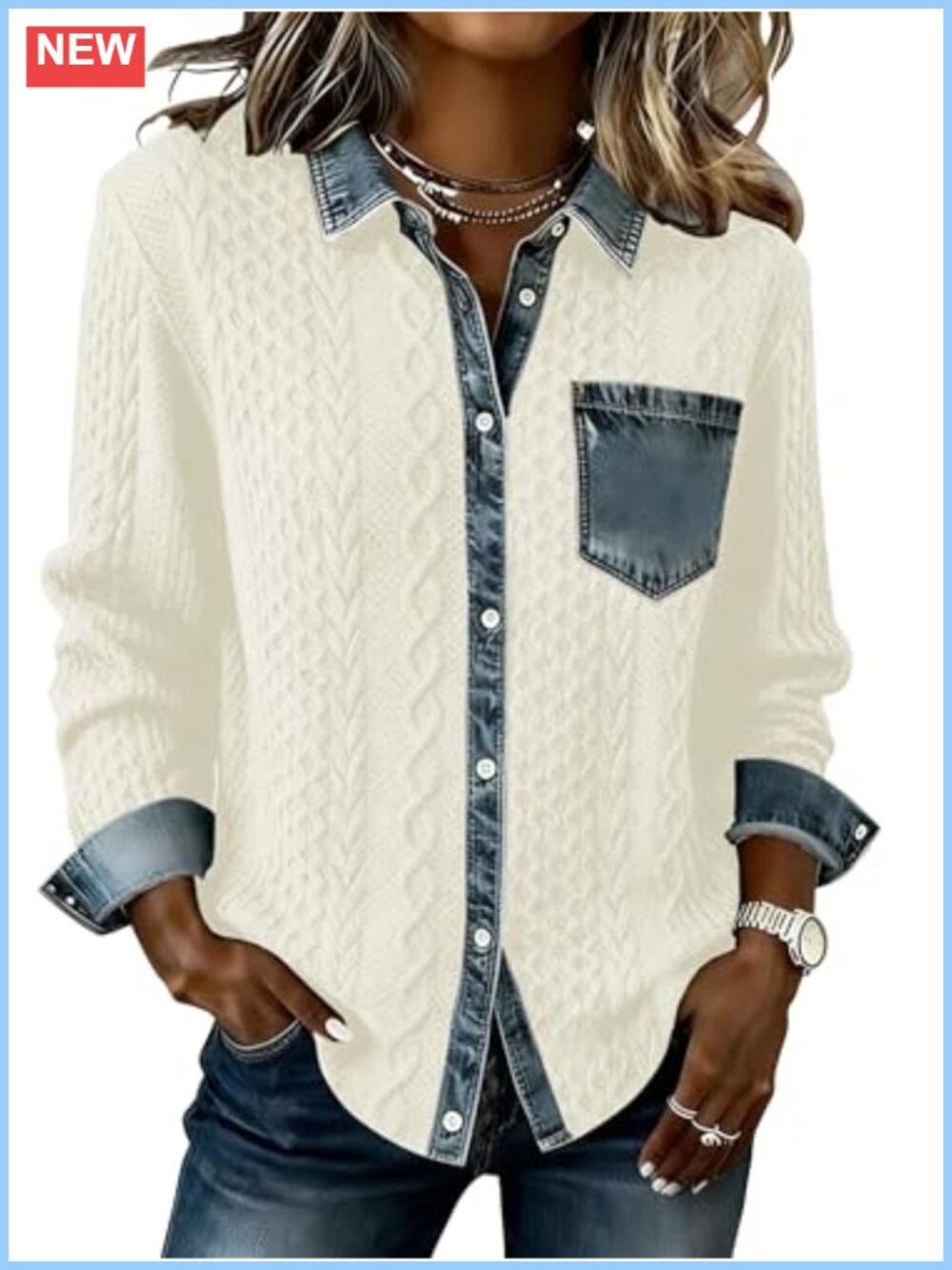 Women's Cable Knit Denim Patchwork Shacket Button Loose Fit Fall Layer